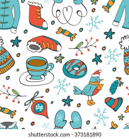 Colorful seamless pattern with winter related hand drawn elements