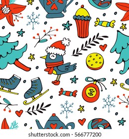 Colorful seamless pattern with winter related hand drawn elements