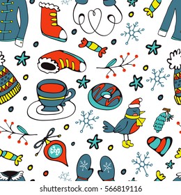 Colorful seamless pattern with winter related hand drawn elements