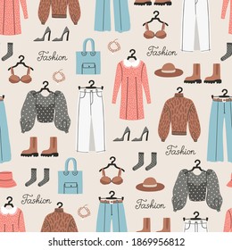 Colorful seamless pattern with women's clothes, accessories, shoes, underwear, hats, jewelry. Background on the theme of fashion, style, female wardrobe, design, shopping