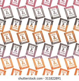 Colorful seamless pattern with wood frame fall forest wedding elements separated by color stripes on white background.