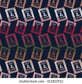 Colorful seamless pattern with wood frame fall forest wedding elements separated by color stripes on dark background.