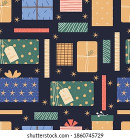 Colorful seamless pattern with wrapped gifts. Christmas presents on a dark background.