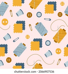 Colorful seamless pattern in yellow and blue colors of sewing tools for needlework on pink background. Trendy hand drawn vector illustration.