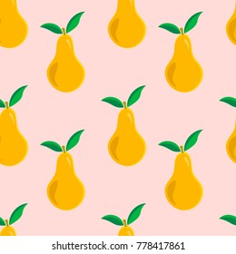 Colorful seamless pattern with yellow pear with leaves. Cute fruit background. Vector illustration.