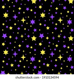 Patrón ininterrumpido colorido con estrellas amarillas y violetas sobre fondo negro. Ilustración vectorial de material.