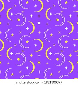 Colorful seamless pattern with yellow and white moon and stars on purple background. Stock vector illustration.