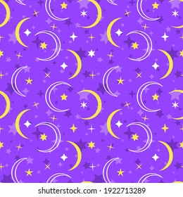 Colorful seamless pattern with yellow and white moon and stars on purple background. Stock vector illustration.