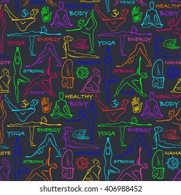 Colorful seamless pattern of yoga poses. Yoga abstract background with asanas, symbols and text.