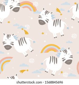 Colorful seamless pattern with zebras, rainbow, stars. Decorative cute wallpaper, good for printing. Overlapping colored background vector. Design illustration with animals, sky