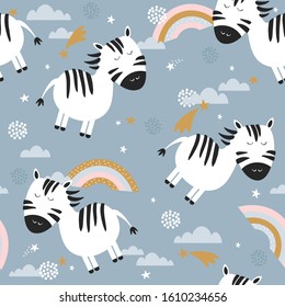 Colorful seamless pattern with zebras, rainbow, stars. Decorative cute wallpaper, good for printing. Overlapping colored background vector. Design illustration with animals, sky