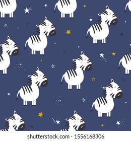 Colorful seamless pattern with zebras, stars. Decorative cute wallpaper, good for printing. Overlapping colored background vector. Design illustration with animals, night sky