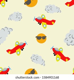 Colorful seamless pattern.Piloting an aircraft in mid-air.,clouds,sky.Vector graphics.Background and texture