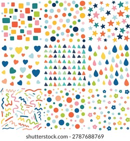 Colorful Seamless Patterns Bundle, Cute Hand Drawn Polka Dots, Stars, Hearts and Flowers Background Vector Set