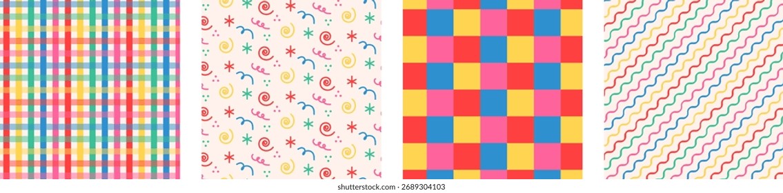 Padrões coloridos sem emenda com estilo alegre de festa, incluindo confetes, listras e desenhos xadrez para projetos festivos, divertidos e criativos de crianças.