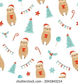 Colorful seamless patterns with cute sloths in winter clothing. Holiday design for prints, wallpapers, gift boxes.
