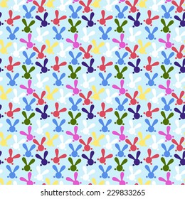 Colorful seamless patterns with easter bunny. Vector illustration for funny holiday design. Cute wallpaper with rabbits. White, yellow, red, green, pink, black, blue colors.