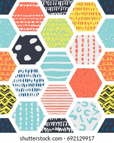 Colorful seamless patterns with honeycombs. Multicolor endless background with textured cells on white. Handdrawn stylish doodle ornament for fabric, wrapping, packaging paper, wallpaper, backdrop