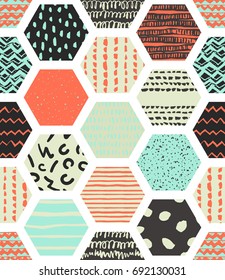 Colorful seamless patterns with honeycombs. Multicolor endless background with textured cells on white. Handdrawn stylish doodle ornament for fabric, wrapping, packaging paper, wallpaper, backdrop