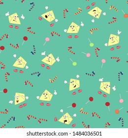 Colorful seamless patterns with sweets and cartoon pyramids showing emotions. Trendy vector background for design.