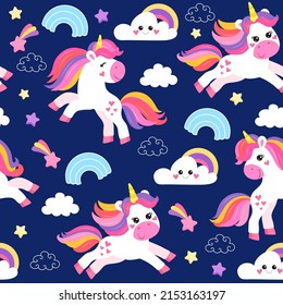 colorful seamless patterns with unicorns in cartoon style for kids. vector illustration