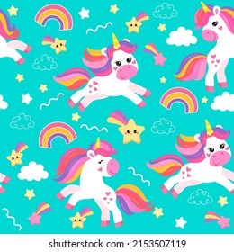colorful seamless patterns with unicorns in cartoon style for kids. vector illustration