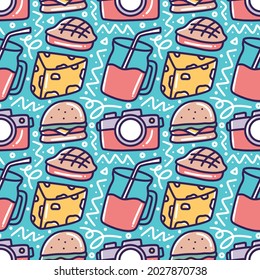 colorful seamless picnic elements pattern doodles, camera, steak, burger, cheese, juice. vector illustration