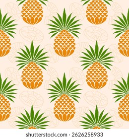 Colorful seamless pineapple pattern with bright orange and green pineapples on light cream background. Fun tropical fruit design perfect for summer, kids' products, fabrics, and digital paper.