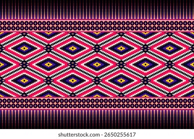 Colorful seamless pixel art pattern ,bold ethnic geometric diamond motifs in hot pink, deep purple, bright yellow, white ,dark background. Ideal for textile borders, apparel accents vibrant cultural