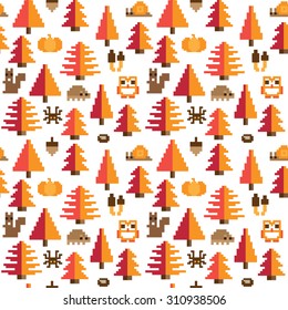 Colorful Seamless Pixel Pattern with Autumn Elements