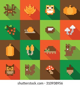 Colorful Seamless Pixel Pattern with Autumn Elements