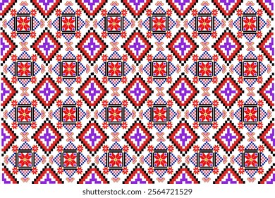 Colorful seamless pixel-art pattern featuring traditional geometric motifs in red, purple, blue, and black on a white background. This intricate design blends modern digital art 