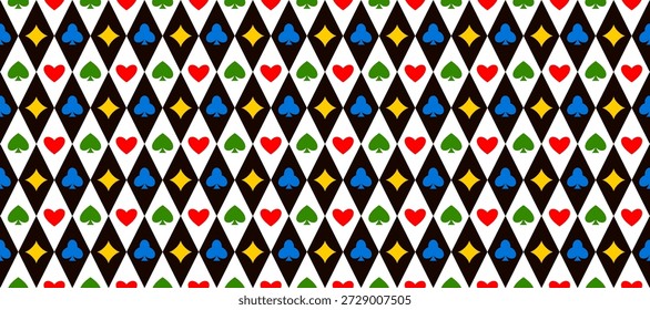 Padrão de cartas de jogo colorido sem costura. Espadas repetidas, copas, diamantes, paus símbolos fundo. Papel de parede de mesa de poker ou casino. Textura conceito de jogo de losango repetido. Vetor
