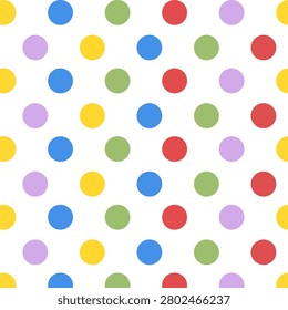 Colorful seamless polka dot background with bright, playful dots in red, blue, yellow, green and purple. Cheerful retro pattern ideal for party decorations, kids design, wrapping paper and textiles.