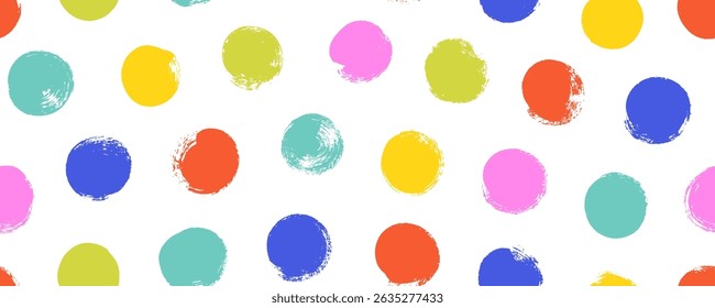 Patrón de lunares sin costuras de colores. Círculos multicolores dibujados con pincel. Fondo simple abstracto funky con puntos. Dibujado a mano y2k naive confeti papel de embalaje. Patrón de lunares irregulares para niños