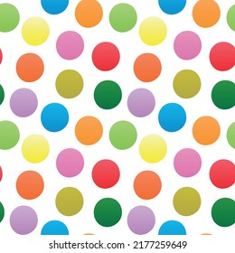 Colorful seamless polka dots pattern. Repeating geometric red, blue, green, yellow, orange circles. Abstract design template. Vector illustration on white background.