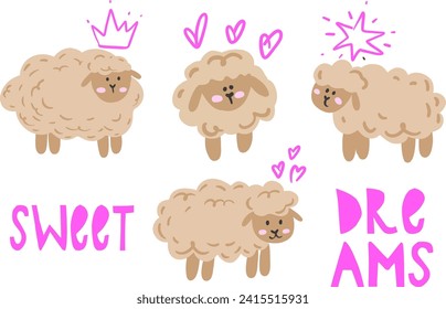 colorful seamless print with cute sheep, animals background, vector illustration
