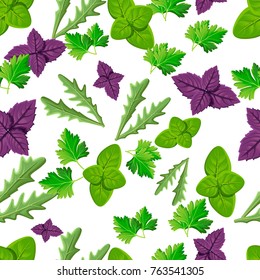 Colorful seamless print pattern with oregano,basil,arugula and parsley. Herbal engraved style illustration. Detailed organic product sketch. Cooking spicy ingredient. Seamless illustration.