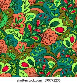 Colorful seamless psychedelic pattern with plant elements. Abstract floral background. 