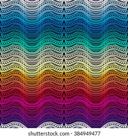 Colorful seamless psychedelic wavy vector background made from hand drawn doodles. Ethnic textile background. Rainbow colors. 1970s hippie style.