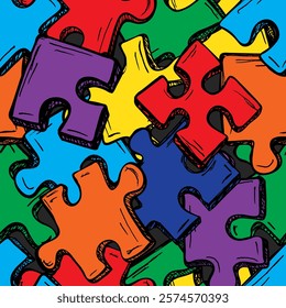 Colorful seamless puzzle pattern. Trendy print with hand drawn pieces of puzzle.  Modern print for textile, fabric, wallpaper, wrapping, scrapbook and packaging