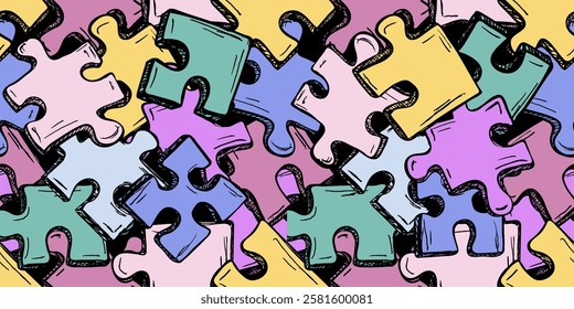 Colorful seamless puzzle pattern. Trendy print with hand drawn pieces of puzzle.  Modern print for textile, fabric, wallpaper, wrapping, scrapbook and packaging