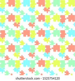 Colorful seamless puzzle pattern. Vector pattern with colorful pastel puzzle in white background. Abstract cute cartoon style. Puzzle print for textile, fabric, package, wrapping paper, backdrop