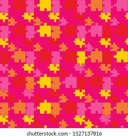 Colorful seamless puzzle pattern. Vector pattern with colorful puzzle in pink background. Abstract modern cartoon style. Puzzle print for textile, fabric, web, package, wrapping paper, backdrop, tile