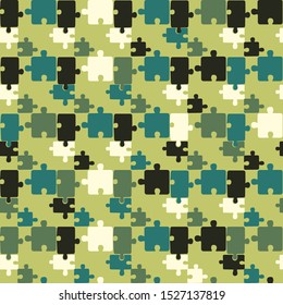 Colorful seamless puzzle pattern. Vector pattern with green puzzle in green background. Abstract camouflage cartoon style. Puzzle print for textile, fabric, web, package, wrapping paper, backdrop