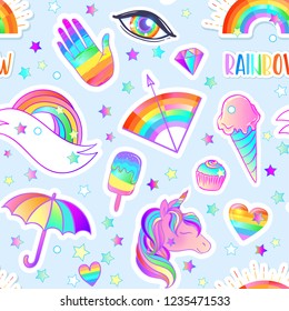 Colorful seamless rainbow pattern: candies, sweets, ice cream, unicorn,umbrella, hand. Vector illustration. Stickers, pins, patches. Halloween pastel colors. Cute gothic style