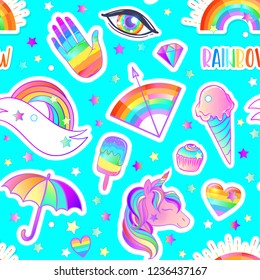 Colorful seamless rainbow pattern: candies, sweets, ice cream, unicorn,umbrella, hand. Vector illustration. Stickers, pins, patches. Halloween pastel colors. Cute gothic style