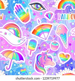 Colorful seamless rainbow pattern: candies, sweets, ice cream, unicorn,umbrella, hand. Vector illustration. Stickers, pins, patches. Halloween pastel colors. Cute gothic style