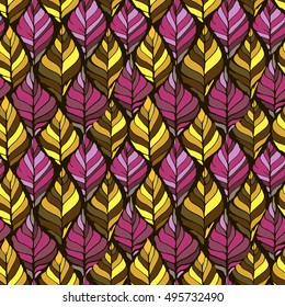 Colorful seamless reaped pattern with leafs. Fantastic autumn. Pink, brown, yellow, violet - color. Tablecloth, webbing.