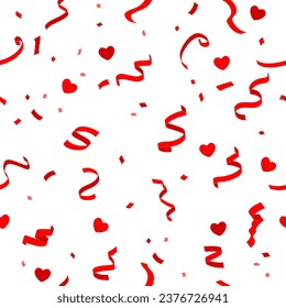 Colorful seamless red pattern with confetti stripes 3d heart, perfect for adding a festive touch to your designs. Celebrate valentine day with this cheerful pattern. Not AI generated.